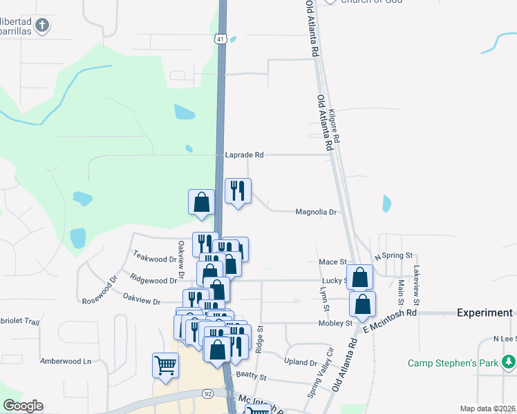 map of restaurants, bars, coffee shops, grocery stores, and more near 130 Magnolia Drive in Griffin