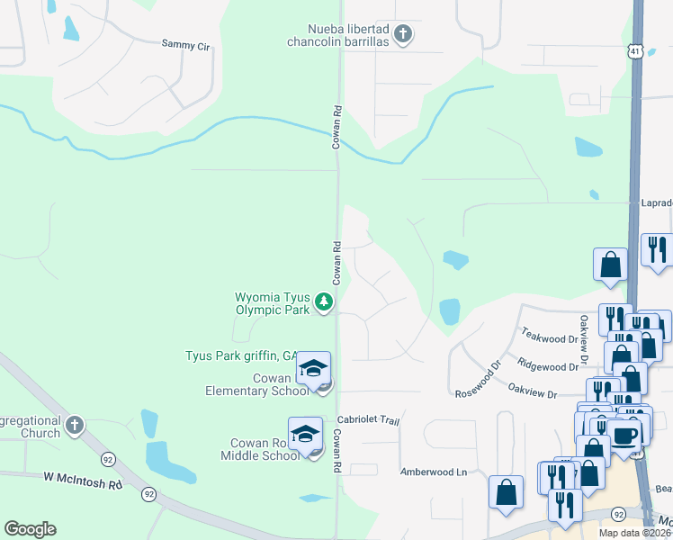 map of restaurants, bars, coffee shops, grocery stores, and more near 101 Kingston Court in Griffin
