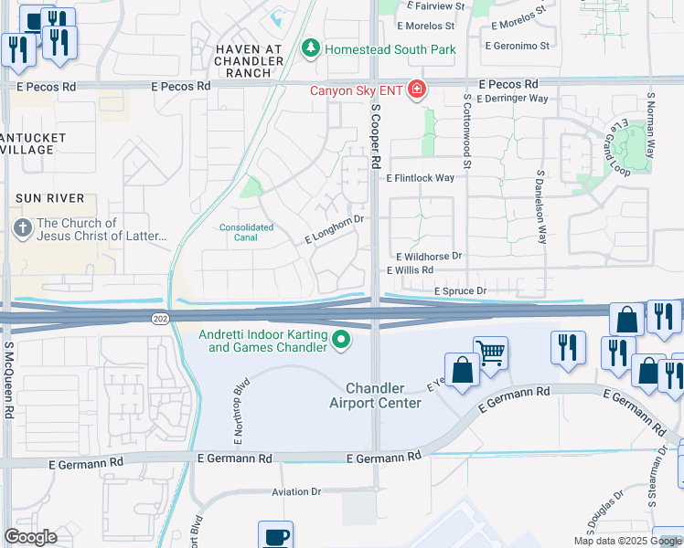 map of restaurants, bars, coffee shops, grocery stores, and more near 1450 South Cooper Road in Chandler