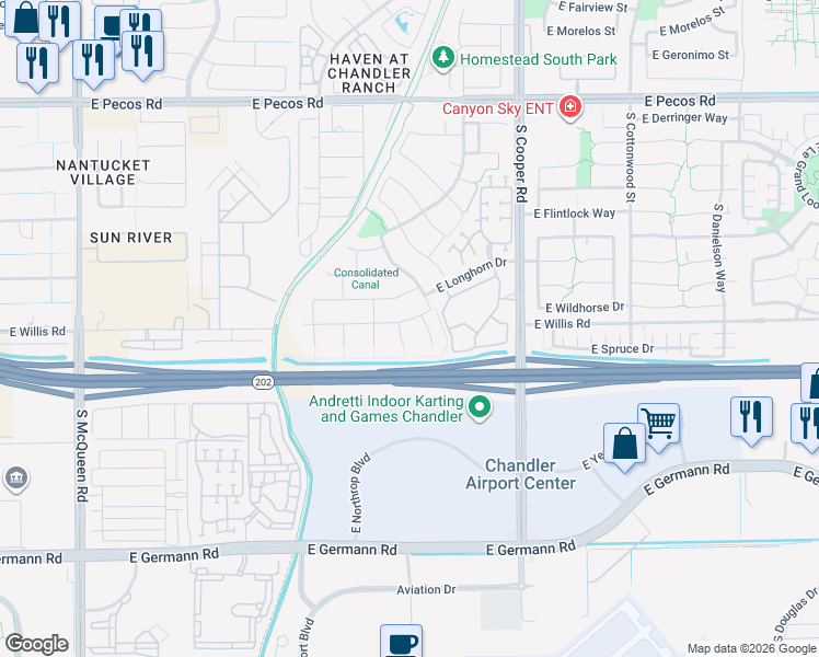 map of restaurants, bars, coffee shops, grocery stores, and more near 1761 East Wesson Drive in Chandler