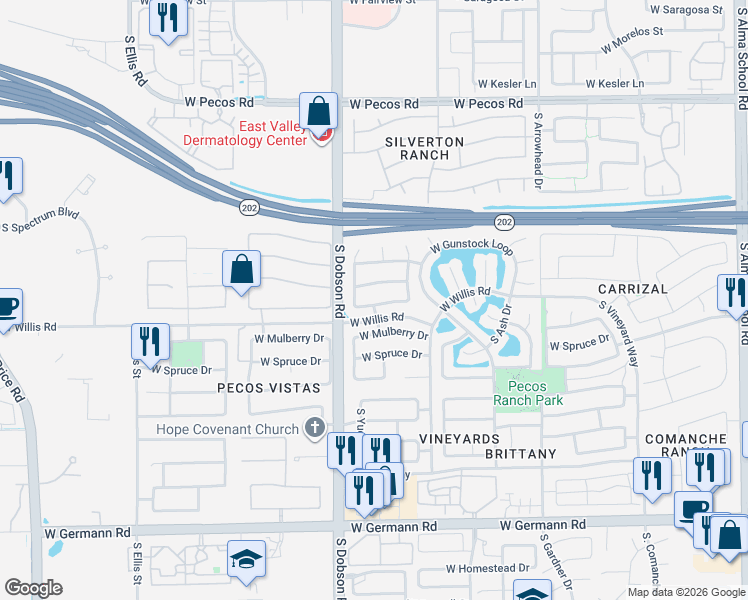 map of restaurants, bars, coffee shops, grocery stores, and more near 1874 West Remington Drive in Chandler