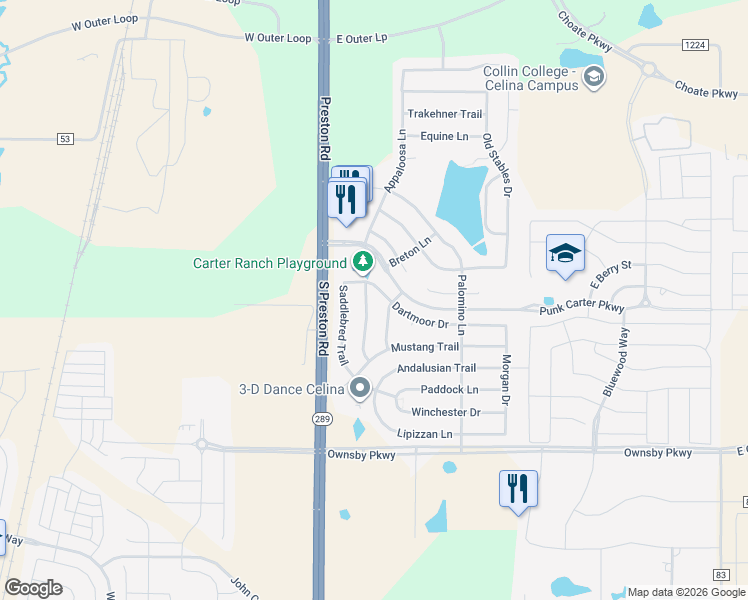 map of restaurants, bars, coffee shops, grocery stores, and more near 351 Punk Carter Parkway in Celina