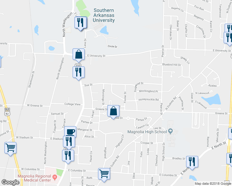 map of restaurants, bars, coffee shops, grocery stores, and more near 1820 Woodward Street in Magnolia