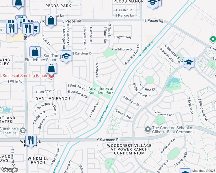 map of restaurants, bars, coffee shops, grocery stores, and more near 3609 South Loback Lane in Gilbert