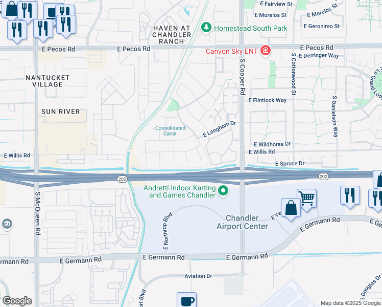 map of restaurants, bars, coffee shops, grocery stores, and more near 1761 East Wesson Drive in Chandler