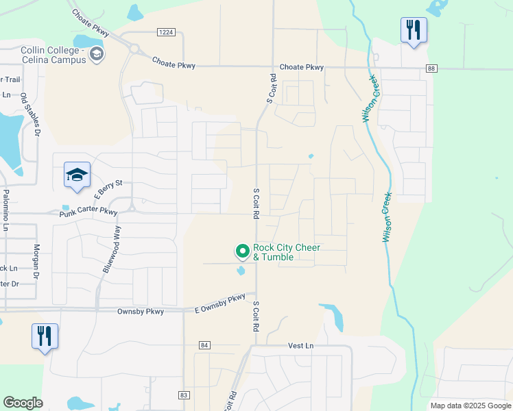 map of restaurants, bars, coffee shops, grocery stores, and more near County Road 86 in Collin County