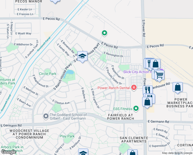 map of restaurants, bars, coffee shops, grocery stores, and more near 4434 East Los Altos Drive in Gilbert