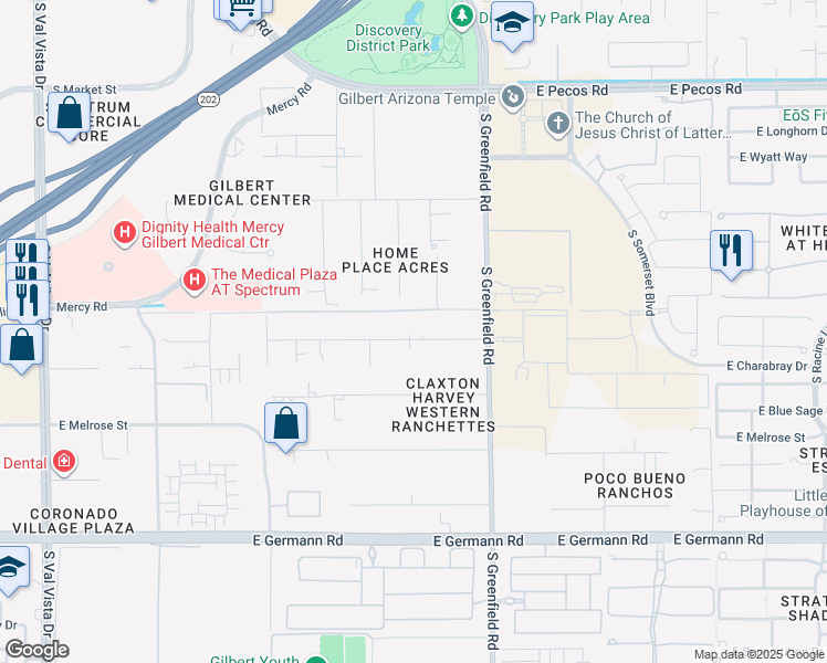 map of restaurants, bars, coffee shops, grocery stores, and more near 3573 South 158th Place in Gilbert