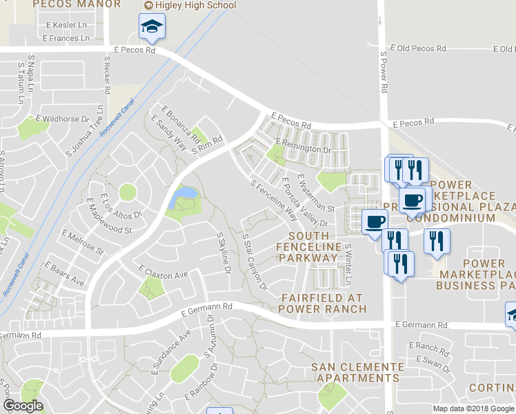 map of restaurants, bars, coffee shops, grocery stores, and more near 4434 East Los Altos Drive in Gilbert