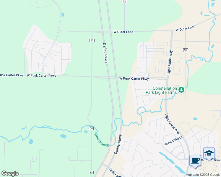 map of restaurants, bars, coffee shops, grocery stores, and more near Dallas Parkway in Celina