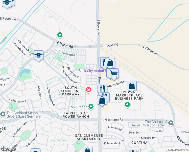 map of restaurants, bars, coffee shops, grocery stores, and more near 4761 East Woodside Way in Gilbert