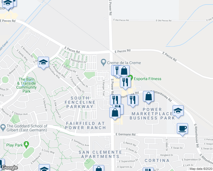 map of restaurants, bars, coffee shops, grocery stores, and more near 4761 East Woodside Way in Gilbert