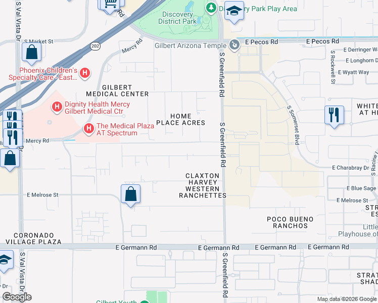 map of restaurants, bars, coffee shops, grocery stores, and more near 3573 South 158th Place in Gilbert
