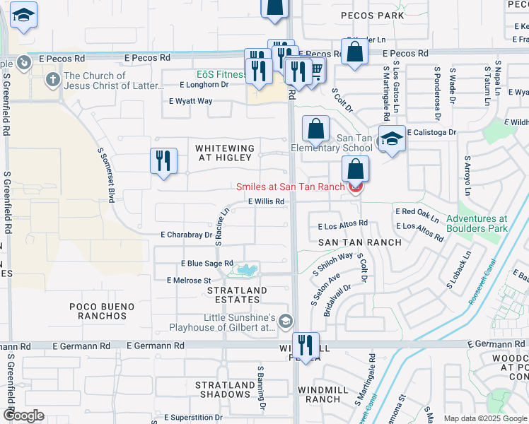 map of restaurants, bars, coffee shops, grocery stores, and more near 3111 East Red Oak Court in Gilbert