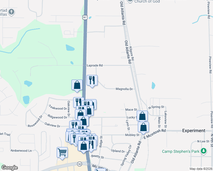 map of restaurants, bars, coffee shops, grocery stores, and more near 119 Magnolia Drive in Griffin