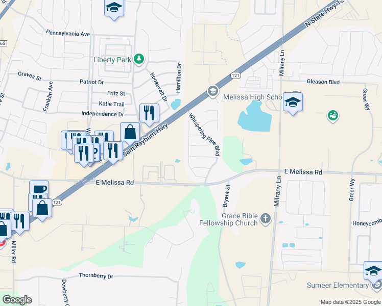 map of restaurants, bars, coffee shops, grocery stores, and more near 3013 Pinecrest Drive in Melissa