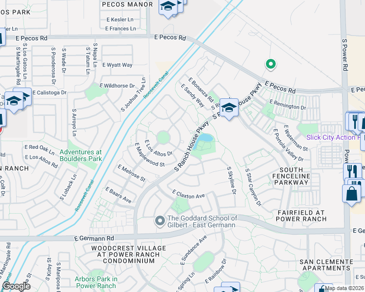 map of restaurants, bars, coffee shops, grocery stores, and more near 4146 East Thunderheart Trail in Gilbert