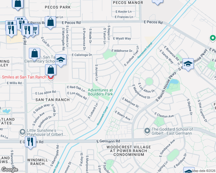 map of restaurants, bars, coffee shops, grocery stores, and more near 3609 South Loback Lane in Gilbert
