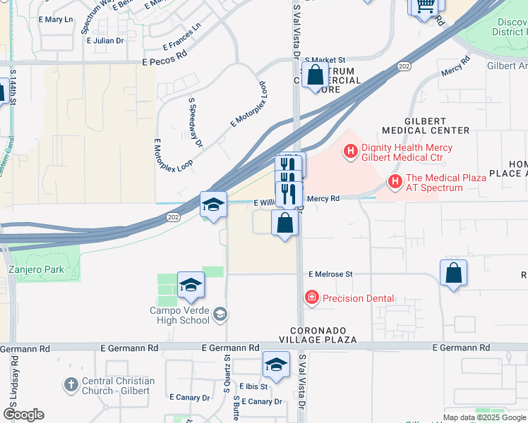 map of restaurants, bars, coffee shops, grocery stores, and more near 1505 East Willis Road in Gilbert