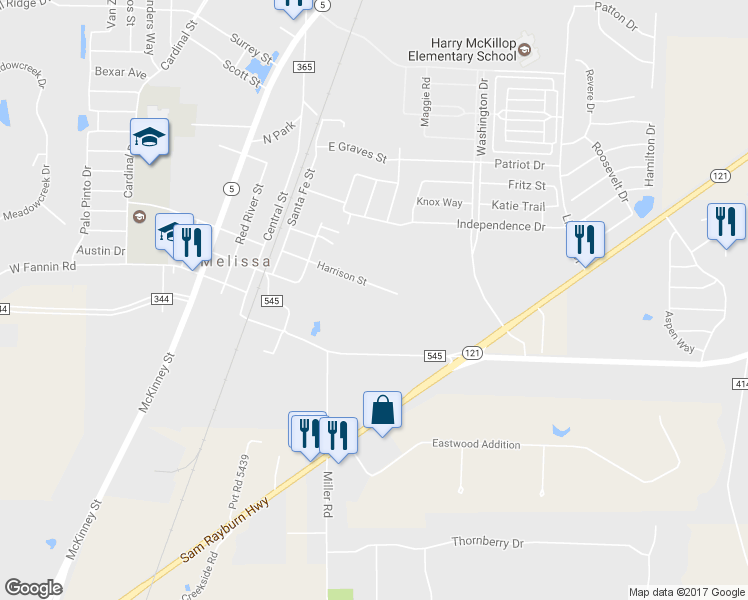 map of restaurants, bars, coffee shops, grocery stores, and more near 2214 Harrison Street in Melissa