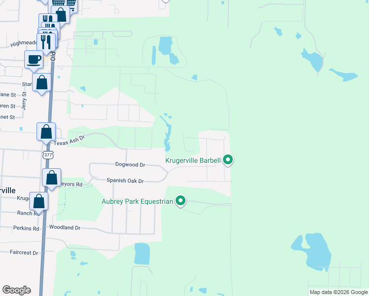 map of restaurants, bars, coffee shops, grocery stores, and more near 129 Willow Oak Drive in Krugerville