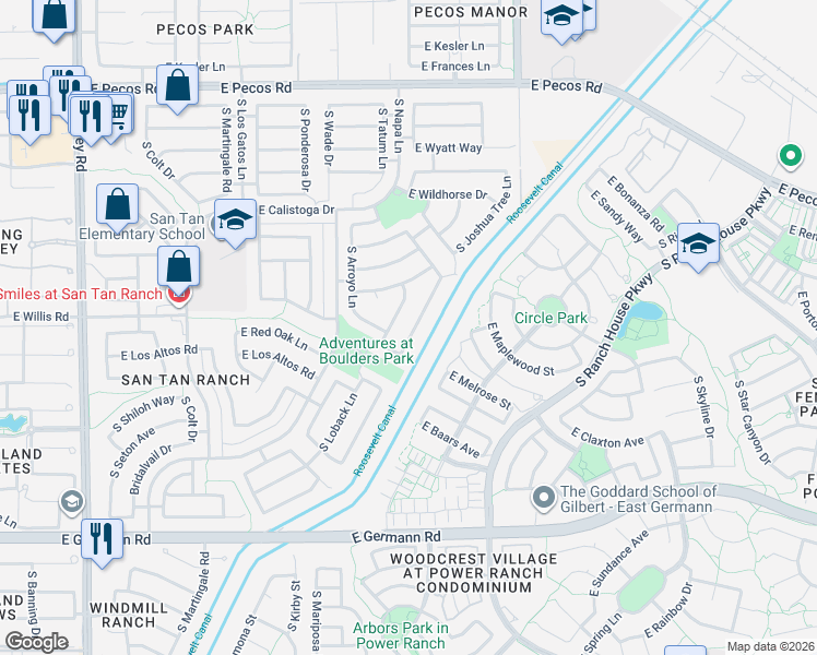 map of restaurants, bars, coffee shops, grocery stores, and more near 3609 South Loback Lane in Gilbert