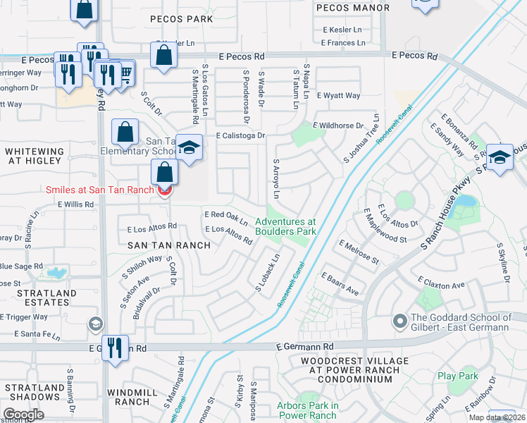 map of restaurants, bars, coffee shops, grocery stores, and more near 3618 South Cupertino Drive in Gilbert