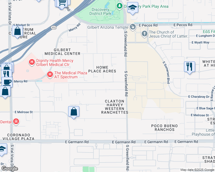 map of restaurants, bars, coffee shops, grocery stores, and more near 3573 South 158th Place in Gilbert