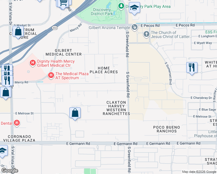 map of restaurants, bars, coffee shops, grocery stores, and more near 3573 South 158th Place in Gilbert