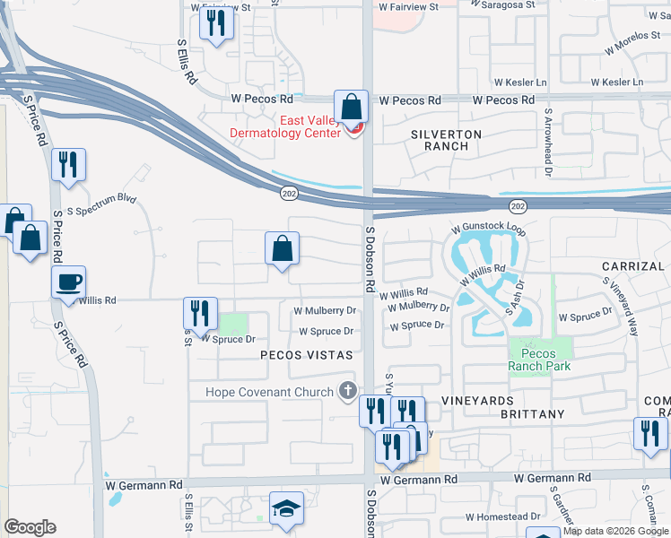 map of restaurants, bars, coffee shops, grocery stores, and more near 2066 West Remington Drive in Chandler