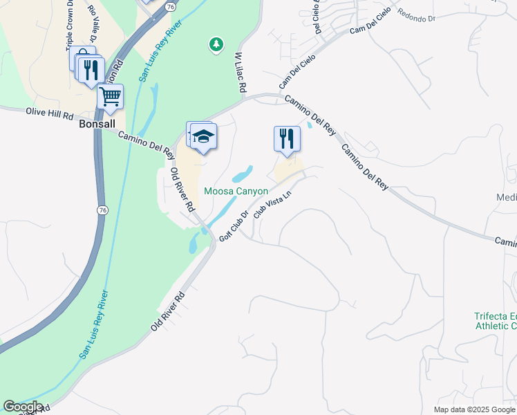 map of restaurants, bars, coffee shops, grocery stores, and more near 31350 Club Vista Lane in Bonsall
