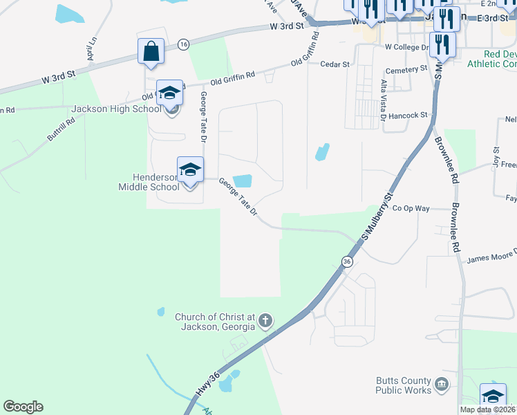 map of restaurants, bars, coffee shops, grocery stores, and more near 152 Clyde's Way in Jackson