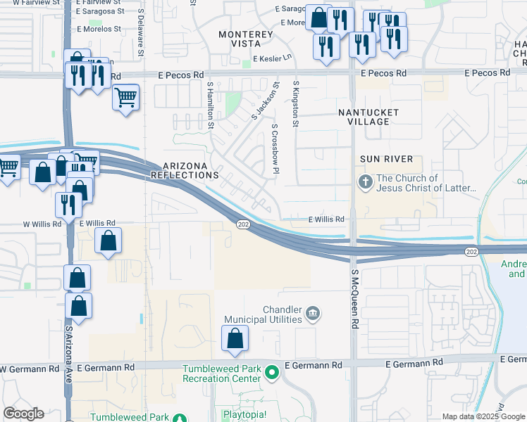 map of restaurants, bars, coffee shops, grocery stores, and more near 741 East Reflection Place in Chandler