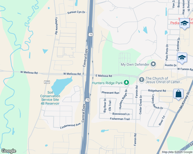 map of restaurants, bars, coffee shops, grocery stores, and more near 130 Melissa Road in Melissa