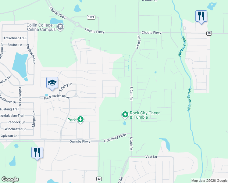 map of restaurants, bars, coffee shops, grocery stores, and more near 4001-4999 Co Road 86 in Prosper