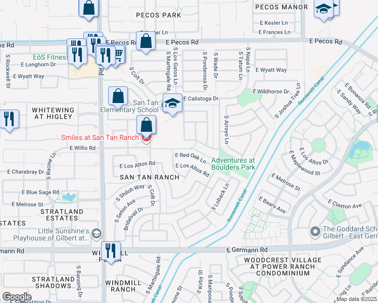 map of restaurants, bars, coffee shops, grocery stores, and more near 3529 East Thunderheart Trail in Gilbert
