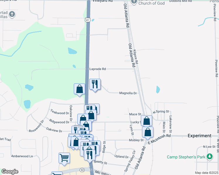 map of restaurants, bars, coffee shops, grocery stores, and more near 119 Magnolia Drive in Griffin