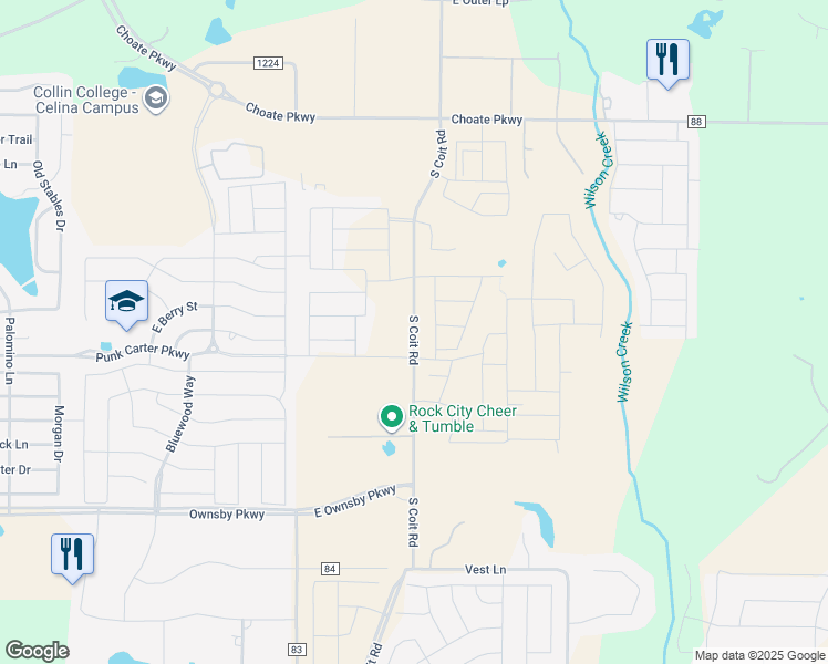 map of restaurants, bars, coffee shops, grocery stores, and more near County Road 86 in Celina
