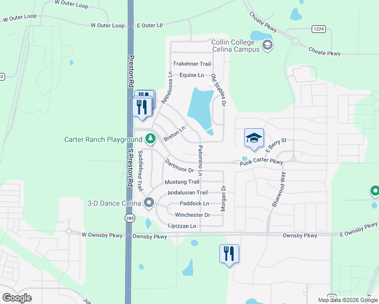 map of restaurants, bars, coffee shops, grocery stores, and more near 410 Connemara Trail in Celina