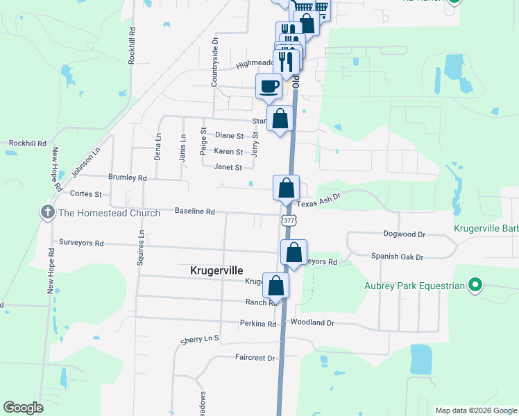 map of restaurants, bars, coffee shops, grocery stores, and more near 108 Baseline Road in Krugerville