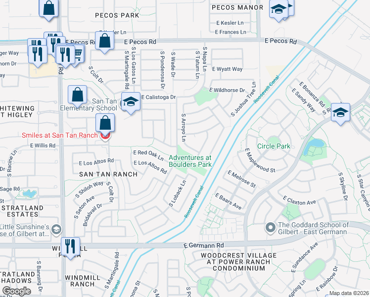 map of restaurants, bars, coffee shops, grocery stores, and more near 3623 South Arroyo Lane in Gilbert
