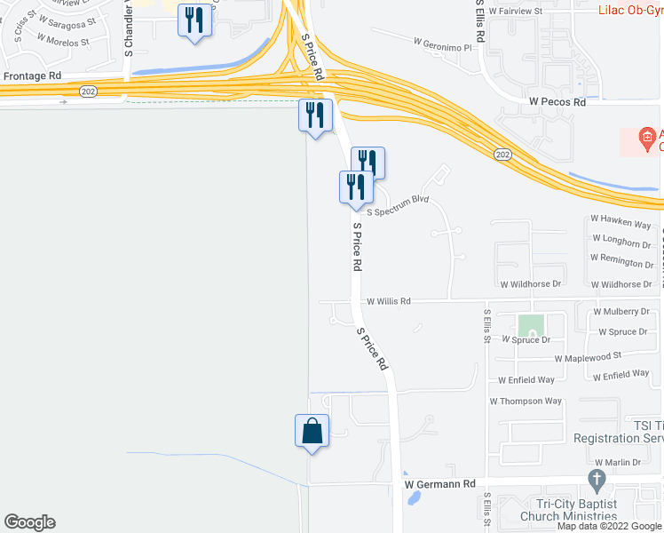 map of restaurants, bars, coffee shops, grocery stores, and more near 1380 South Price Road in Chandler