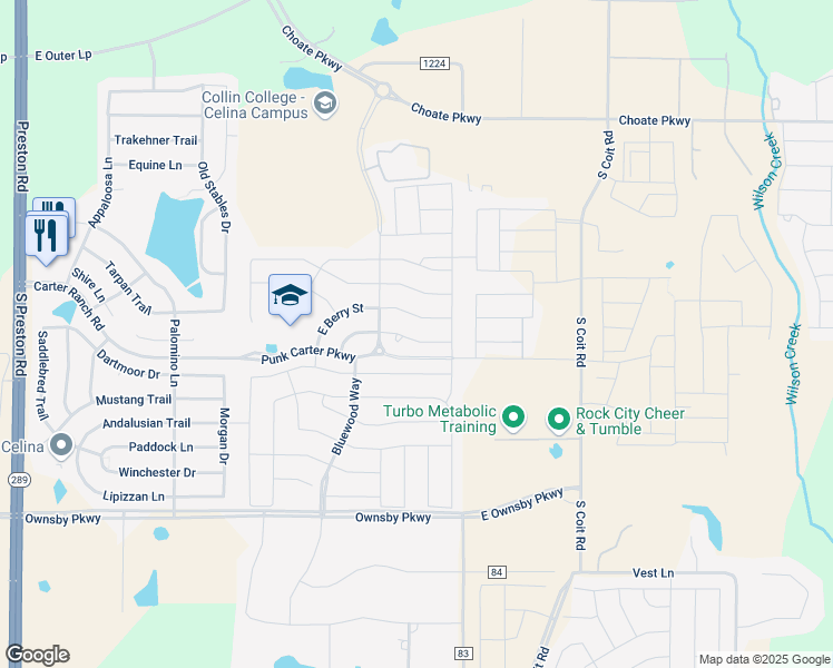 map of restaurants, bars, coffee shops, grocery stores, and more near 1109 Berry Street in Celina