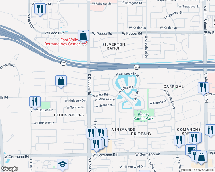 map of restaurants, bars, coffee shops, grocery stores, and more near 1441 South Cholla Place in Chandler