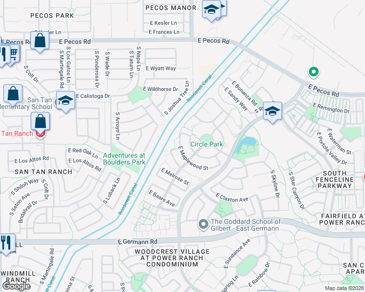 map of restaurants, bars, coffee shops, grocery stores, and more near 3949 East Maplewood Street in Gilbert