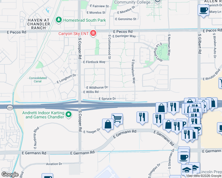 map of restaurants, bars, coffee shops, grocery stores, and more near 2251 East Wildhorse Place in Chandler