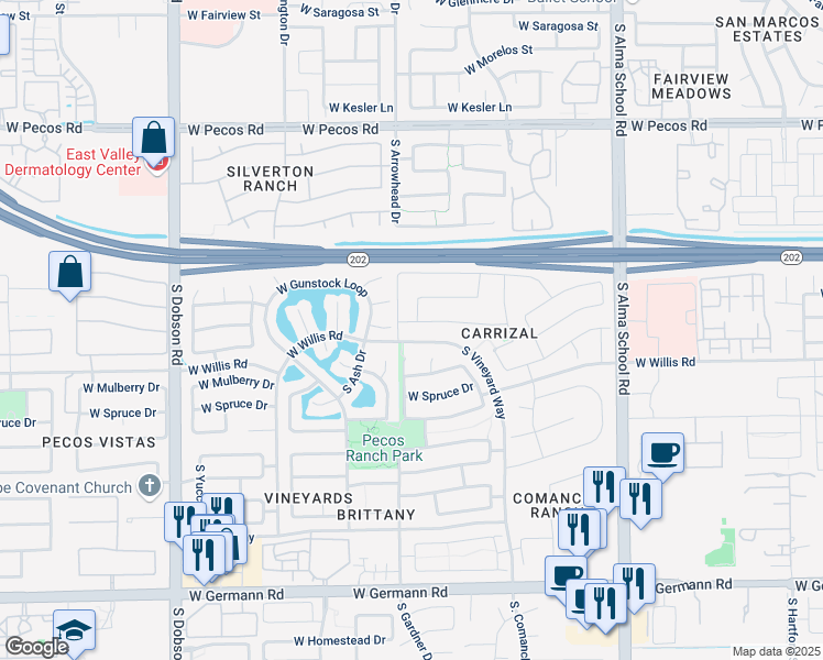 map of restaurants, bars, coffee shops, grocery stores, and more near 1475 West Remington Drive in Chandler