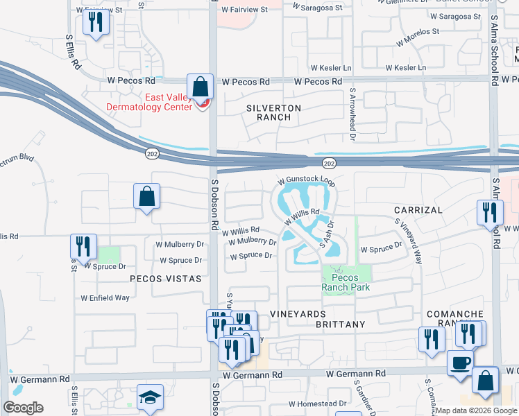 map of restaurants, bars, coffee shops, grocery stores, and more near 1441 South Cholla Place in Chandler