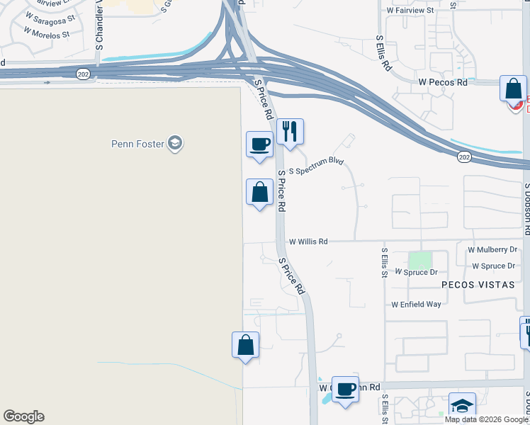 map of restaurants, bars, coffee shops, grocery stores, and more near 1380 South Price Road in Chandler