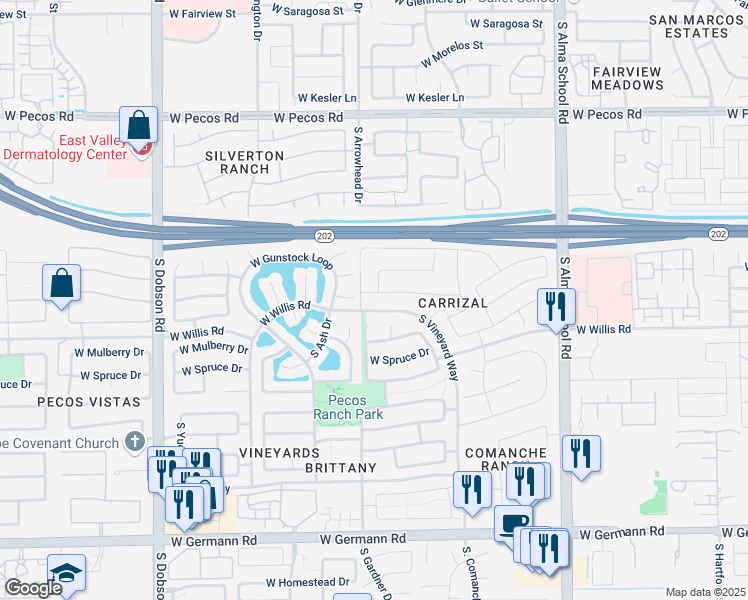 map of restaurants, bars, coffee shops, grocery stores, and more near 1475 West Remington Drive in Chandler